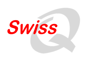 Logo mit rotem Schriftzug "Swiss" und einem grauen Buchstaben "Q" im Hintergrund.